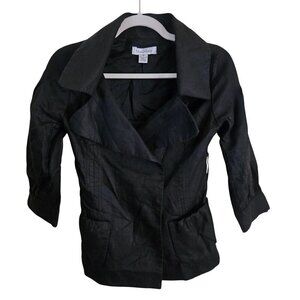 Max Mara Black Linen Blend Wide Lapel Pleated Detail Hidden Snap Blazer Size S